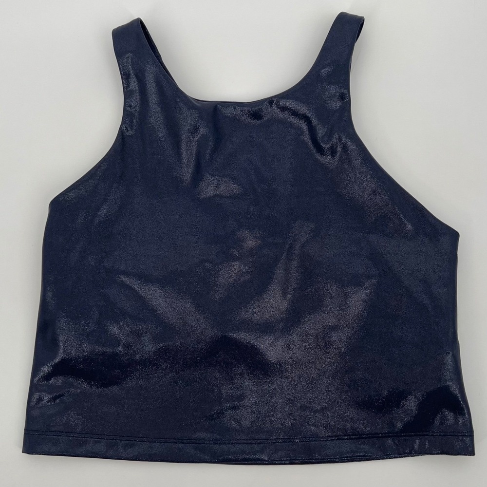 Athleta Simone Biles Women Shimmer High Neck Crop Top Size M‎ Navy Blue Metallic